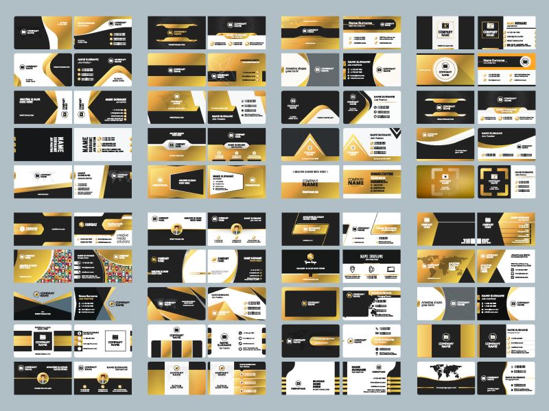 一套优雅的双面名片模板-带有标识元素-黑色和金色-矢量图-文具设计