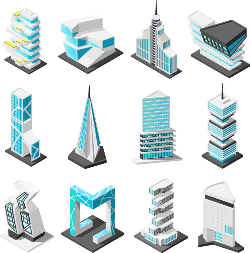 以高科技风格的现代建筑和摩天大楼的独立图像为背景的等距未来建筑矢量图