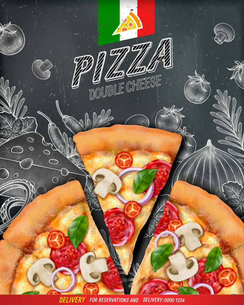 披萨海报广告-在黑板背景上-俯视图上有三维插图食品和木刻风格的插图