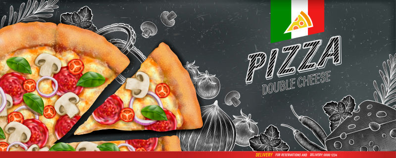 比萨横幅广告-在黑板背景上有三维插画食品和木刻风格的插画