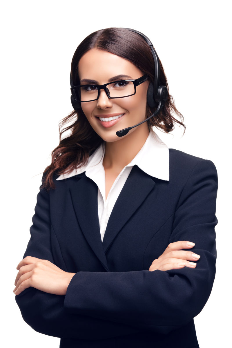带微笑的客户支持电话接线员戴眼镜的肖像-与白色背景隔离