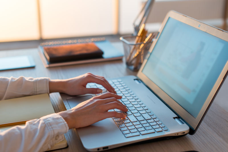 成年女性在家使用电脑工作对电脑屏幕的经营理念
