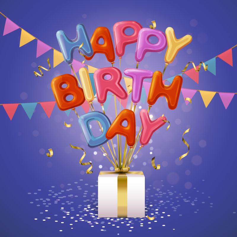 彩色生日快乐气球信背景-带礼品花环和彩纸插图