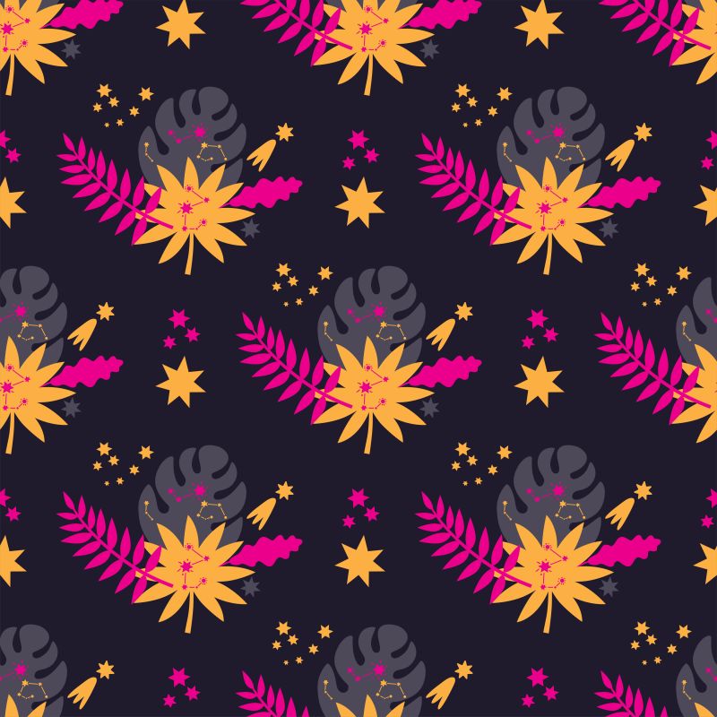 一种无缝图案-有矢量元素热带怪兽树和棕榈树的叶子-以恒星为背景-用于纺织品设计包装设计包装纸设计