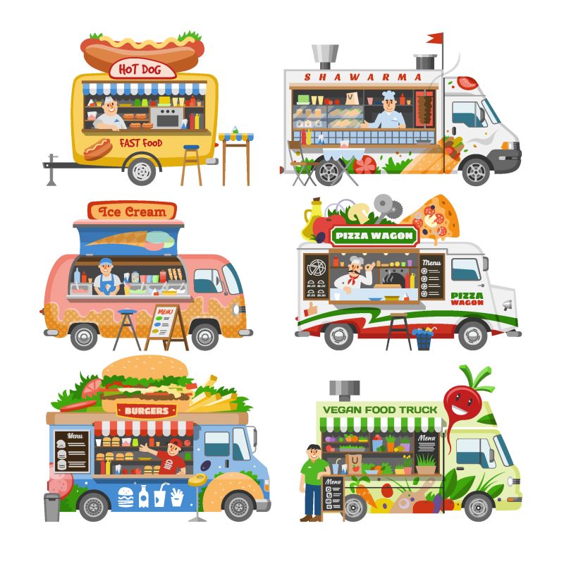 食品卡车Vector街食品卡车车辆和带热狗或比萨饼的快餐配送交通图在白色背景下隔离的食品卡车中销售人的特征集