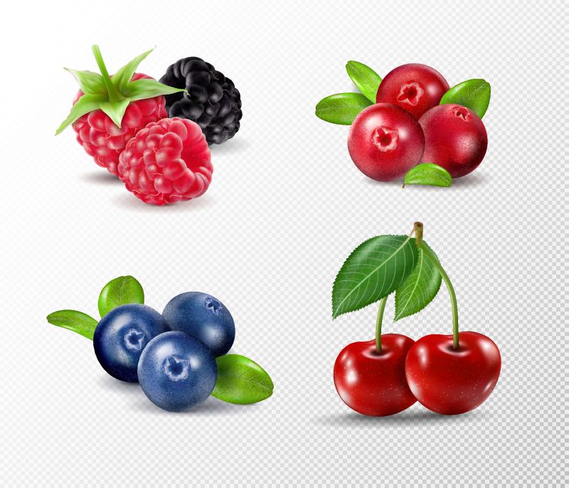 在透明背景上隔离的一组矢量真实浆果-覆盆子-蓝莓-樱桃-杨梅-森林浆果-甜果-逼真的插图-三维矢量图标集
