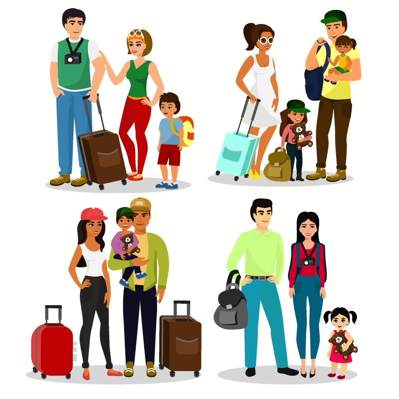 矢量图集快乐的人和孩子一起旅行-家人一起旅行-爸爸妈妈和孩子们在机场拿着扁平的卡通风格的行李