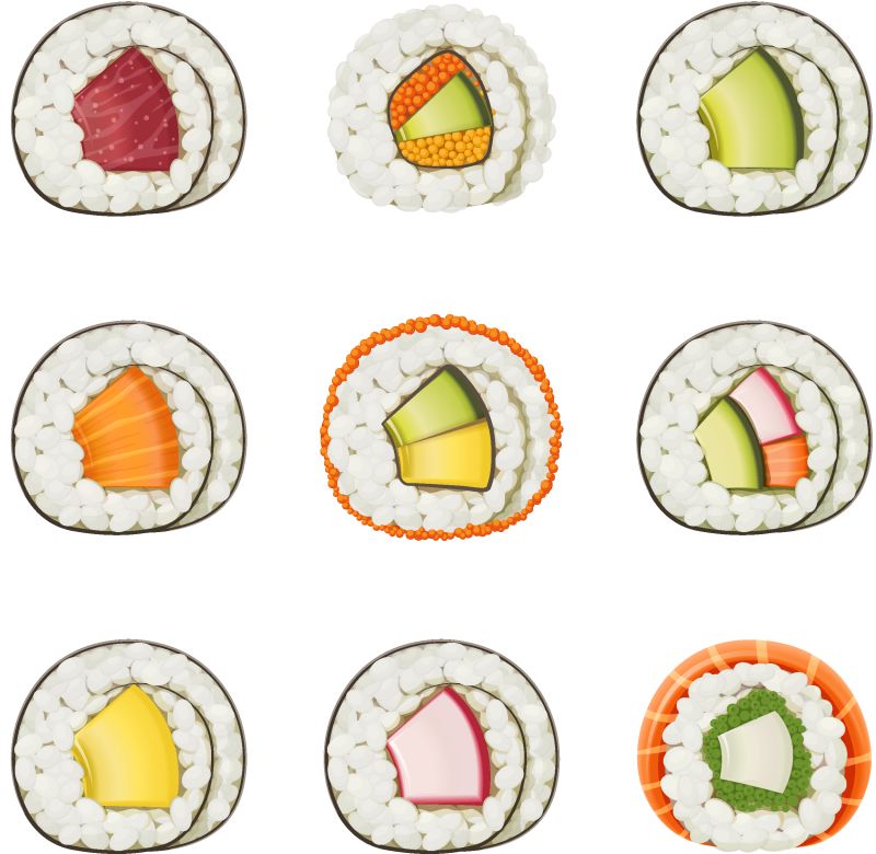 用各种配料做寿司卷-快餐收藏-日本传统的健康食品有米饭黄瓜鳄梨鱼肉-日本小吃亚洲饮食-EPS10矢量图
