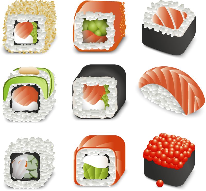 寿司条矢量图-彩色逼真的日本食物图标设置不同的寿司和面包卷白色背景孤立的图形