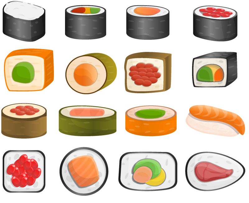 寿司卷图标集-用于网页设计的寿司卷矢量图标卡通集