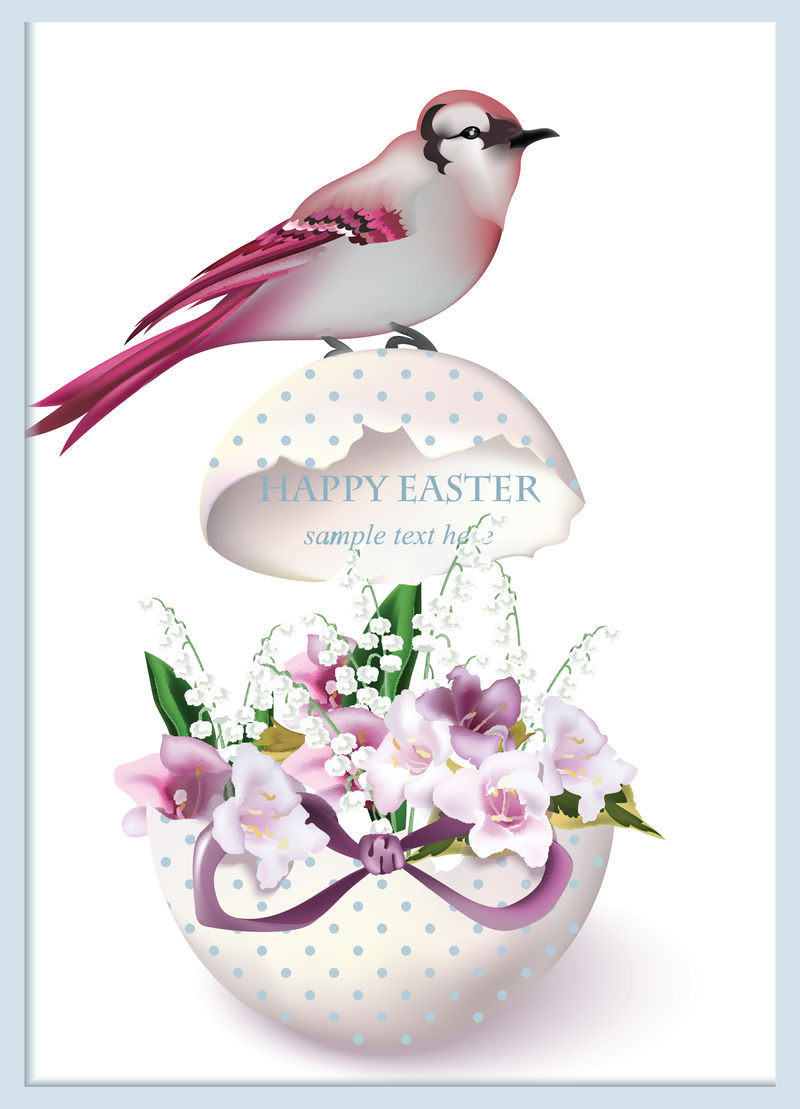 复活节快乐卡片鸟坐在破裂的鸡蛋和春天的花束上复古风格明信片