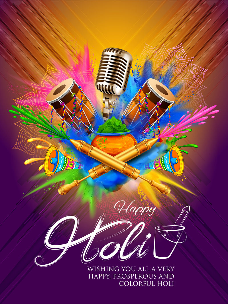 五颜六色的促销背景以印地语“holi-hain”表达的信息表示节日的“holi”