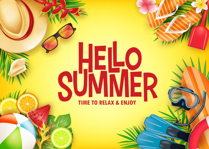 您好夏日现实矢量横幅黄色背景与热带元素-如潜水呼吸器-冲浪板-拖鞋-数码相机-手机-帽子棕榈叶-水果