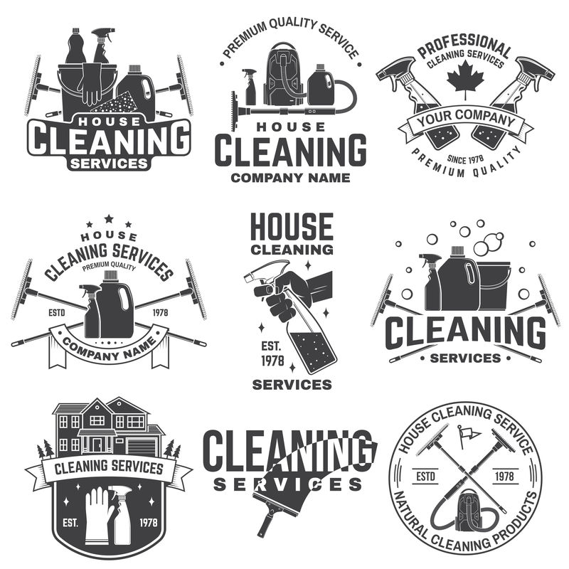 清洁公司徽章标志矢量图衬衫邮票或T恤的概念带清洁设备的老式印刷设计公司相关业务清洁服务标志
