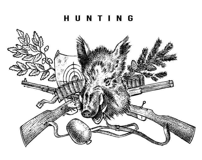 狩猎俱乐部横幅-野猪和步枪背景-猎人角色-手工雕刻的古代草图-用于徽章徽章和标签