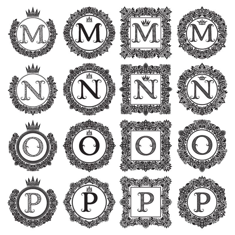 老式单字集-m-n-o-p字母-纹章的纹章-花环-方框-白色的黑色符号