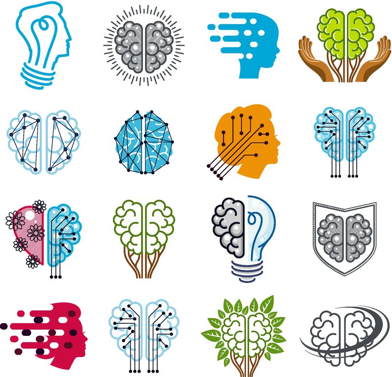 大脑和智能矢量图标或标识概念集-人工智能-聪明的头脑-大脑训练-感觉灵魂与理性思维-创造力-头脑风暴-心理健康