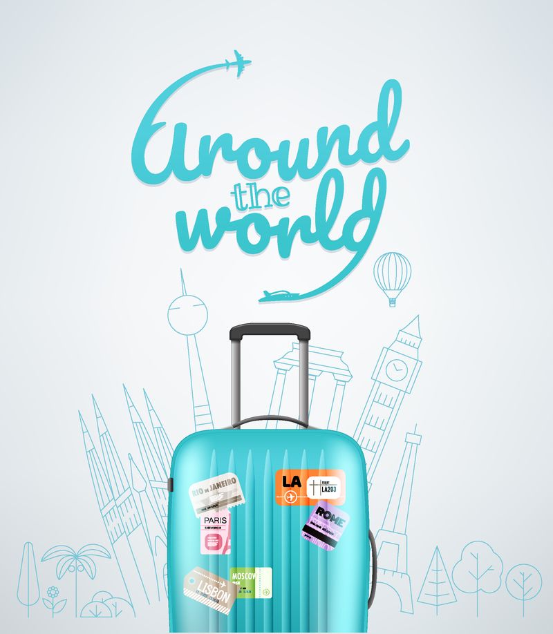 彩色塑料旅行袋不同旅行元素矢量图解-旅游理念
