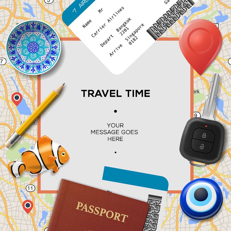 行程时间模板-国际护照登机牌带条形码的票地图背景上的护身符和钥匙矢量图