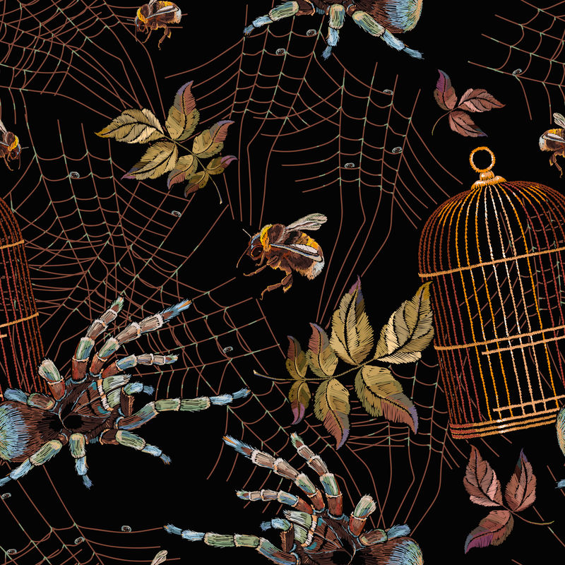 刺绣蜘蛛和金笼无缝图案古典哥特