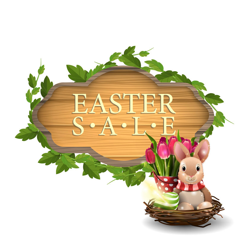 复活节促销现代横幅形式的木板复活节兔子和郁金香