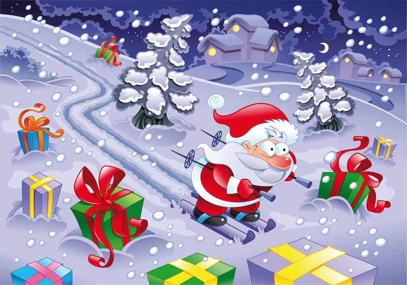 圣诞老人在晚上滑雪-有趣的卡通和矢量插图
