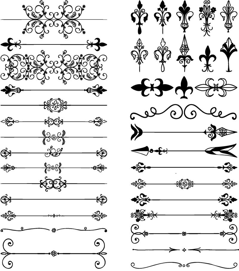 一套手绘黑色涂鸦设计元素-装饰性花分格-箭头-漩涡-卷轴-复古矢量图