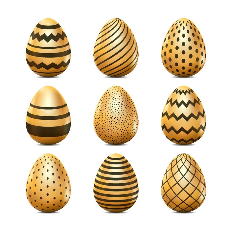 具有几何纹理的复活节3D逼真蛋-矢量假日设计元素-黑色图案的金蛋