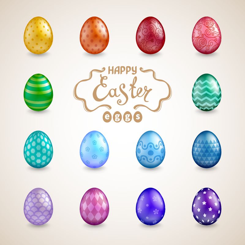 一套14个有光泽的逼真的复活节彩蛋-有不同的颜色和图案-“复活节快乐”一词-贺卡日历横幅海报邀请的模板-矢量图解