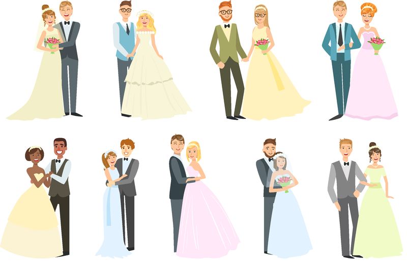 情侣在婚礼当天摆姿势鲜艳的彩色卡通简单风格平面矢量集