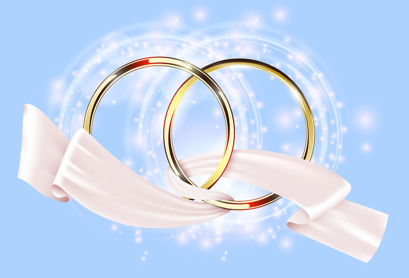 两枚带白色丝带的金色结婚戒指-优雅的矢量温柔婚姻卡-蓝色背景上有火花和闪光效果