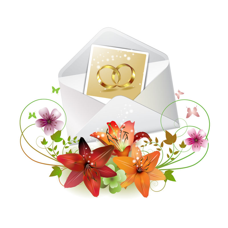 有两枚结婚戒指和装饰花照片的信封