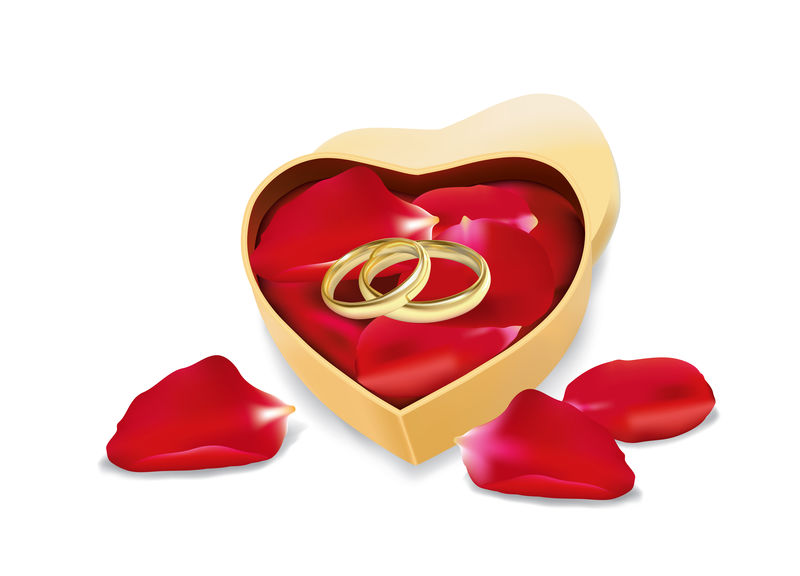 对于求婚来说-一个心形的插图就像一个打开并露出一对结婚戒指的盒子