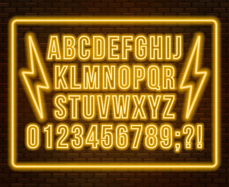霓虹黄字体-明亮的大写字母-深色背景上有数字