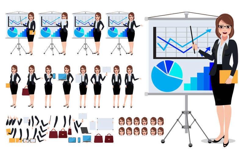 女性商业人物以年轻女性为背景-用白板展示商业展示图-并摆出各种姿势和姿势-矢量图