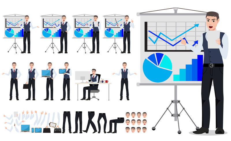 Business Man矢量字符创建集-男性销售人员以不同的姿势和白色隔离的手势显示图表板演示-矢量图