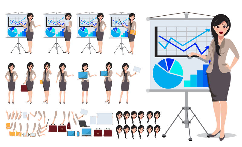 女性商业人物矢量集-女性办公室人员在白板上用各种姿势和手势交谈和展示业务演示图-矢量图
