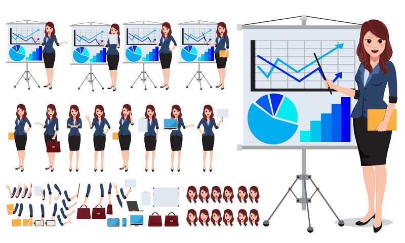 女性业务字符向量集-办公室女职员用白板做商务展示图-摆出各种姿势和姿势-矢量图