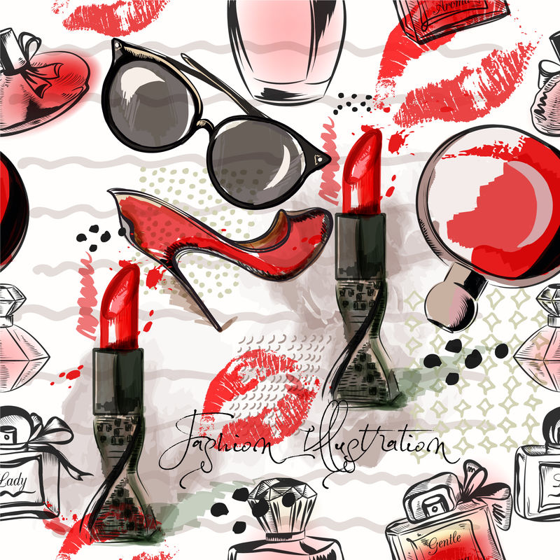 时尚插图或红色唇膏-鞋-眼镜和香水图案-水彩风格