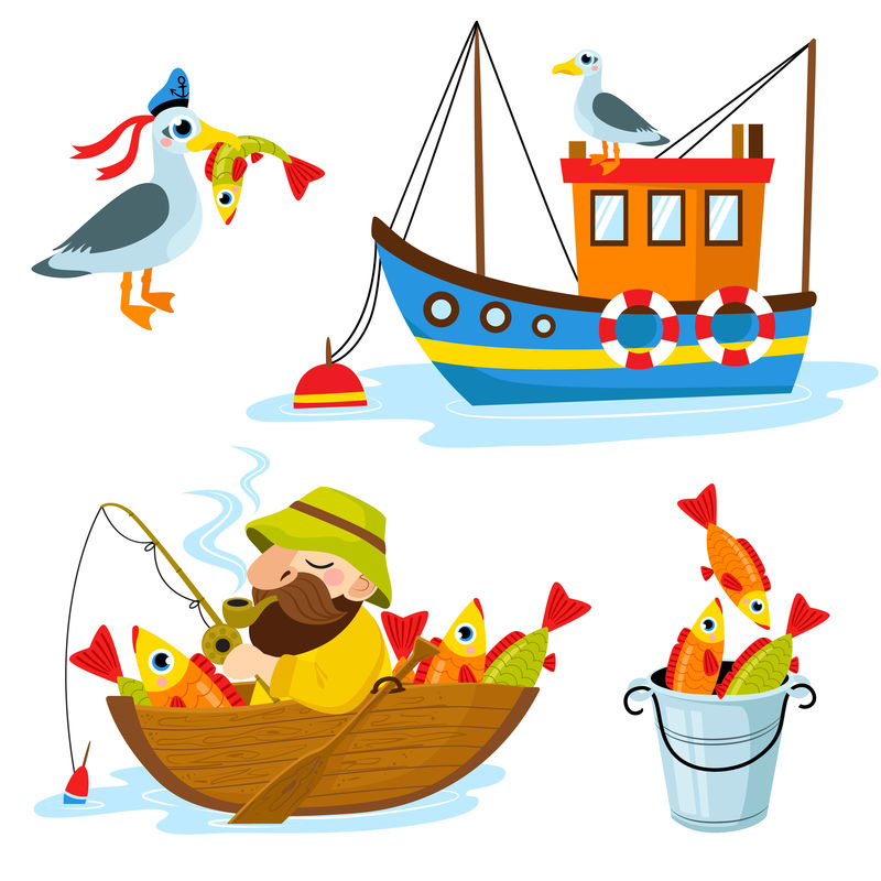 一套快乐的渔夫性格包括大鱼海鸥鱼和船矢量平面卡通插图