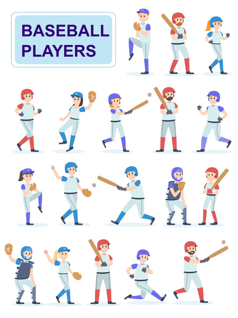 一组穿着经典制服的棒球运动员男人和女孩打棒球发球和击出一个球白色背景上孤立的卡通人物平面矢量图