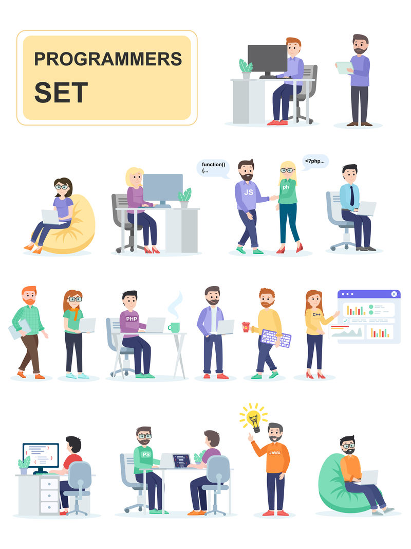 开发自定义程序的一组程序员程序员编码员网络开发人员或软件工程师白色背景上孤立的卡通人物平面矢量图