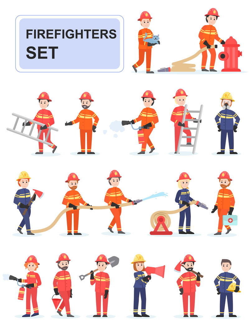 一组消防员在做他们的工作灭火救人救人的男性消防员白色背景上孤立的卡通人物平面矢量图