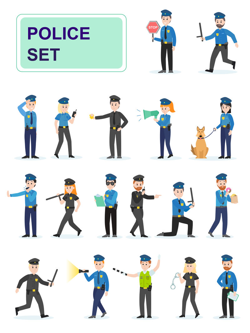 一组警察在做他们的工作男警察和女警察在不同姿势手铐违反者白色背景上孤立的卡通人物平面矢量图