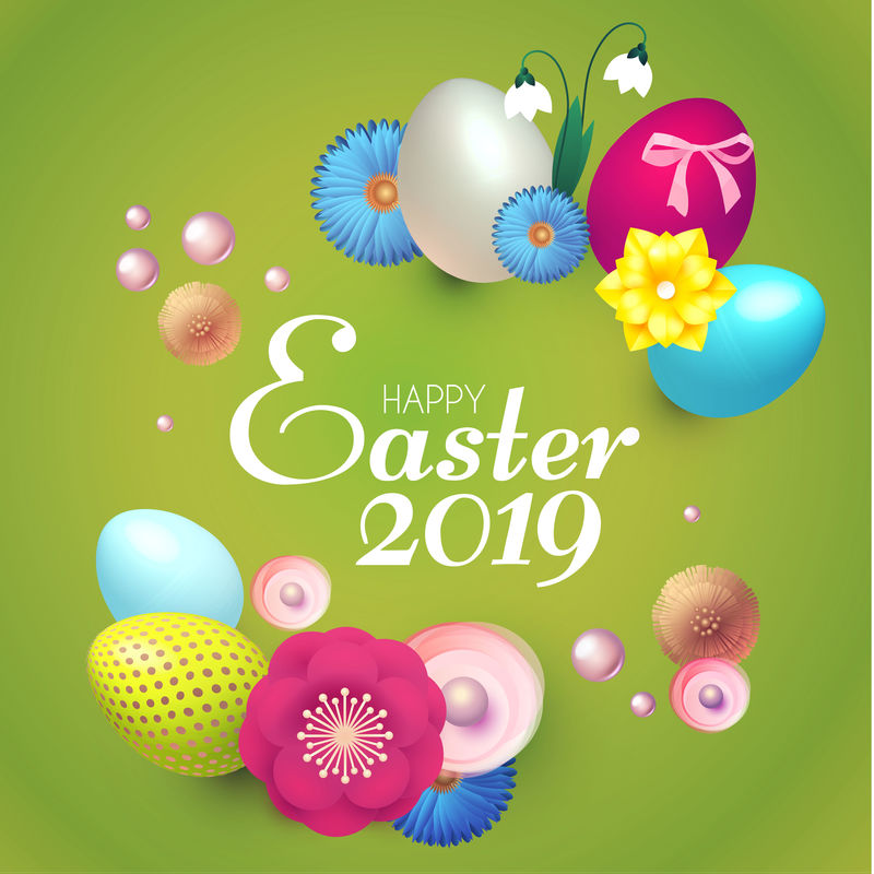 快乐复活节设计模板与逼真的彩蛋和春天的花朵