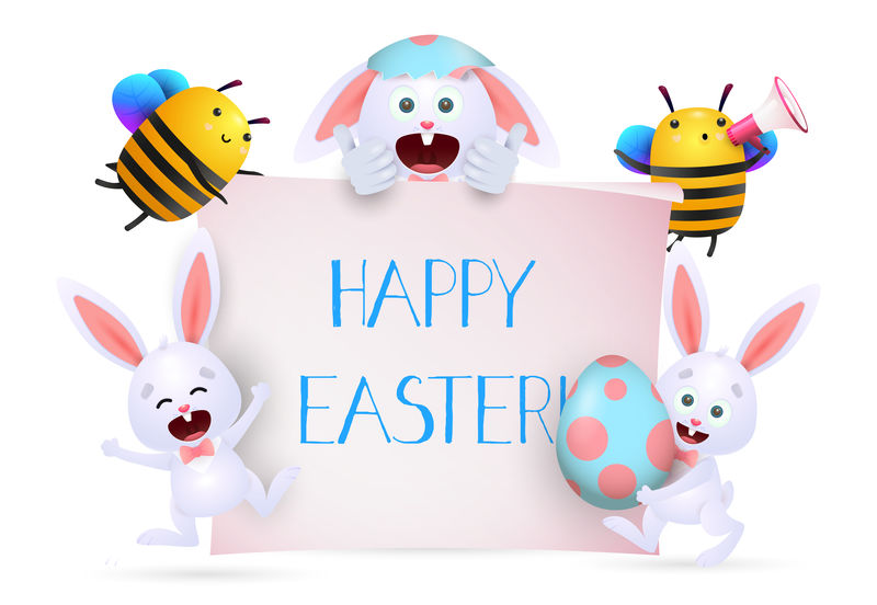 蜜蜂和兔子举着的旗帜上写着“复活节快乐”字样