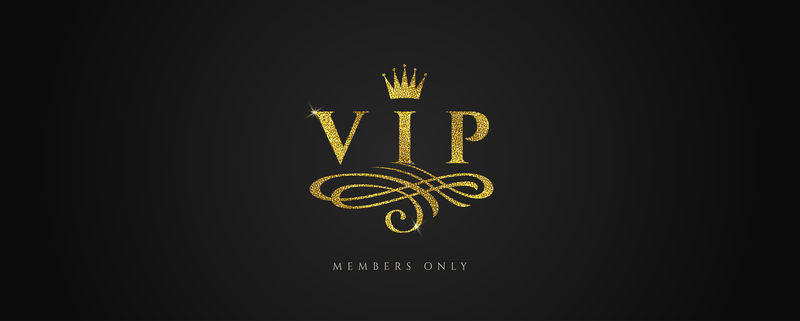 VIP-闪亮的金色标志带皇冠和黑色背景上的华丽元素矢量图