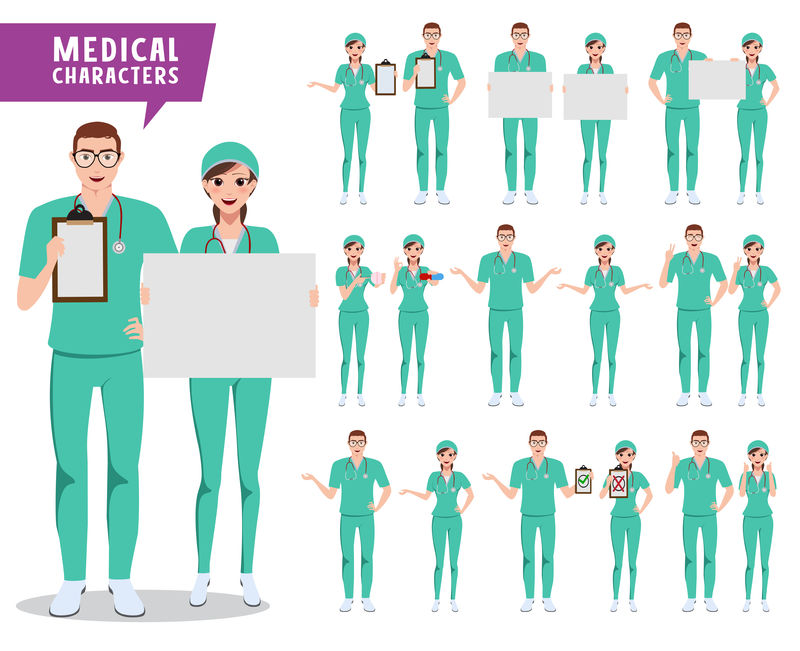 医学字符向量集-医生护士和医务人员手持白板-摆出各种姿势进行展示-矢量图