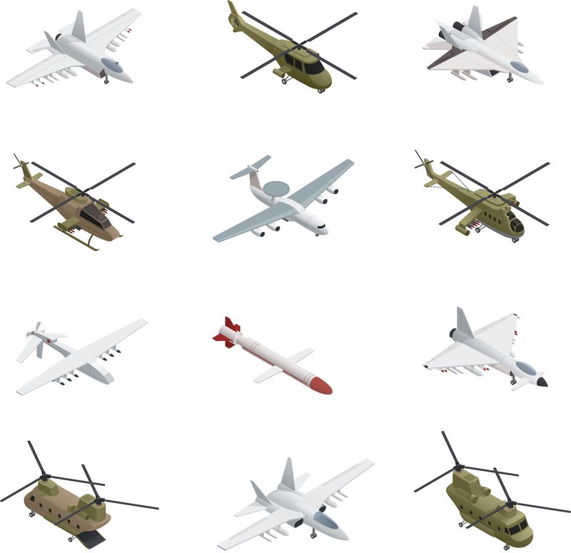 军用空军等距图标集不同类型的飞机和直升机的颜色尺寸和用途