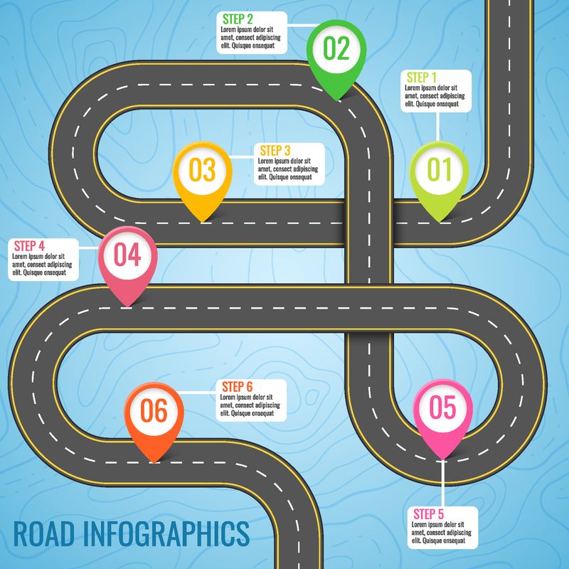 带有使用指针的路线图的信息图形模板-顶视图矢量元素-公路旅行-带有标志的业务和旅程信息图形设计模板-蓝色背景上的曲折道路